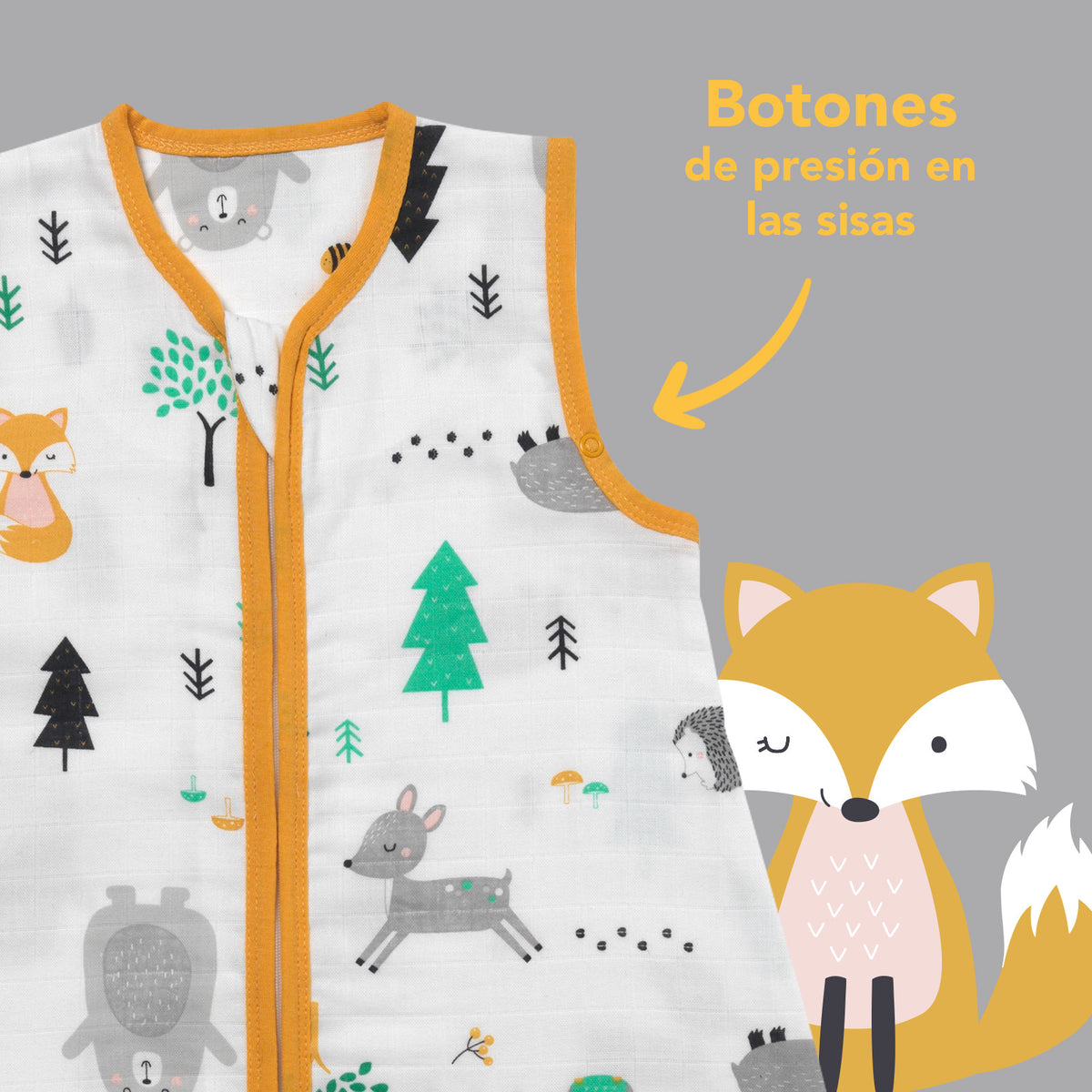 Saco de dormir para bebé de muselina 0.5 TOG_Animales del bosque_zona del brazo_415