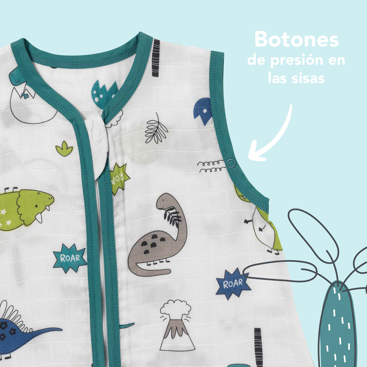 Saco de dormir con pies de muselina 0.5 TOG_Dinosaurio_zona del brazo_412