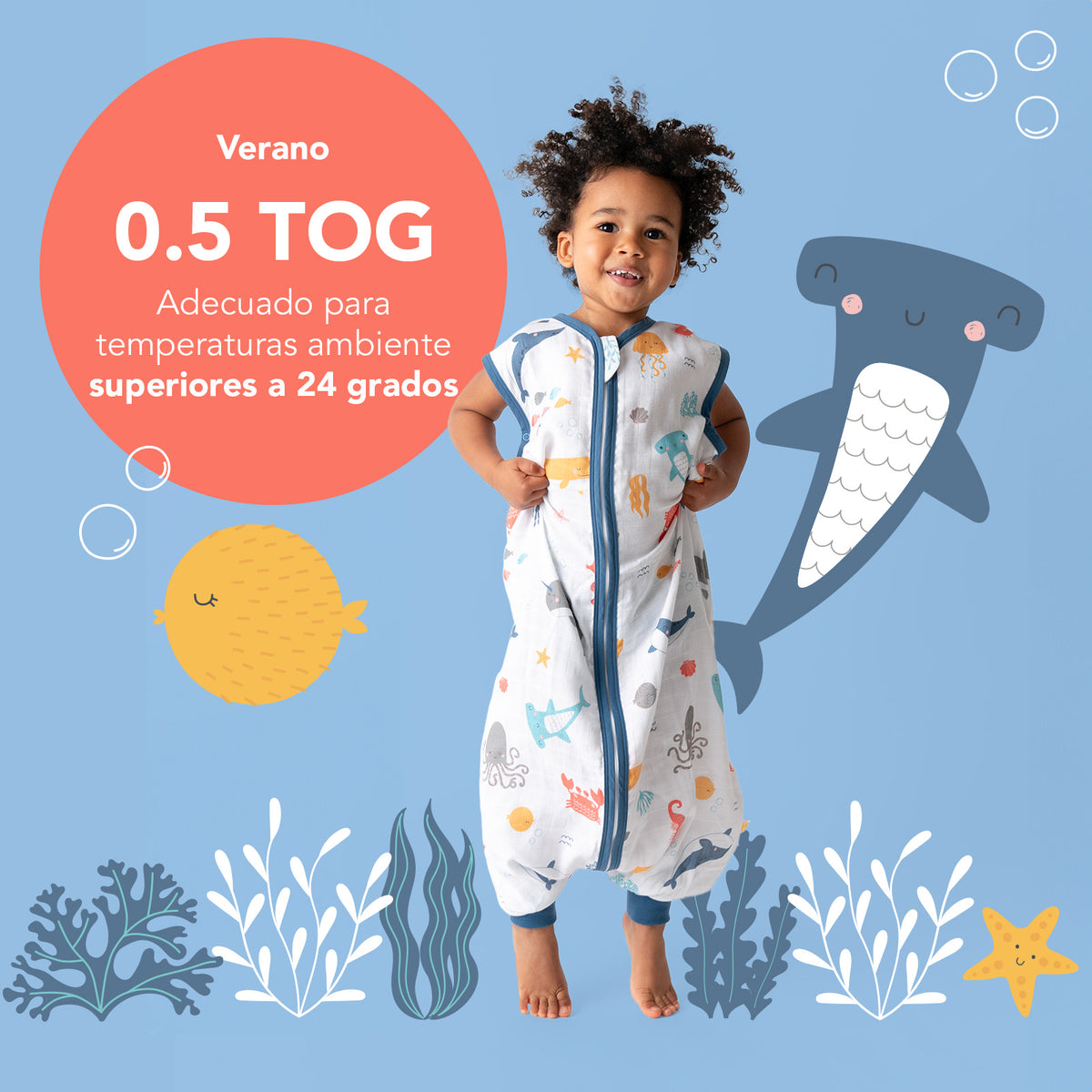 Saco de dormir con pies de muselina 0.5 TOG_Animales marinos_TOG_412