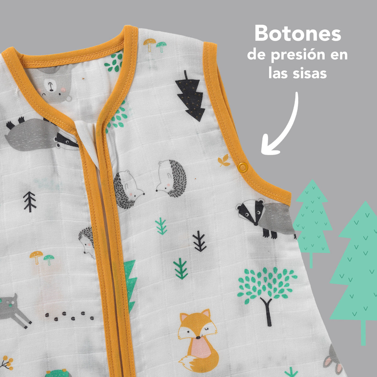 Saco de dormir con pies de muselina 0.5 TOG_Animales del bosque_zona del brazo_412