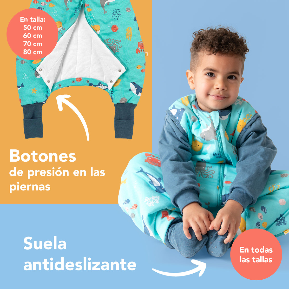 Saco de dormir con pies y suelas antideslizantes y mangas 1.0 TOG_Animales marinos_zona del pie_1182
