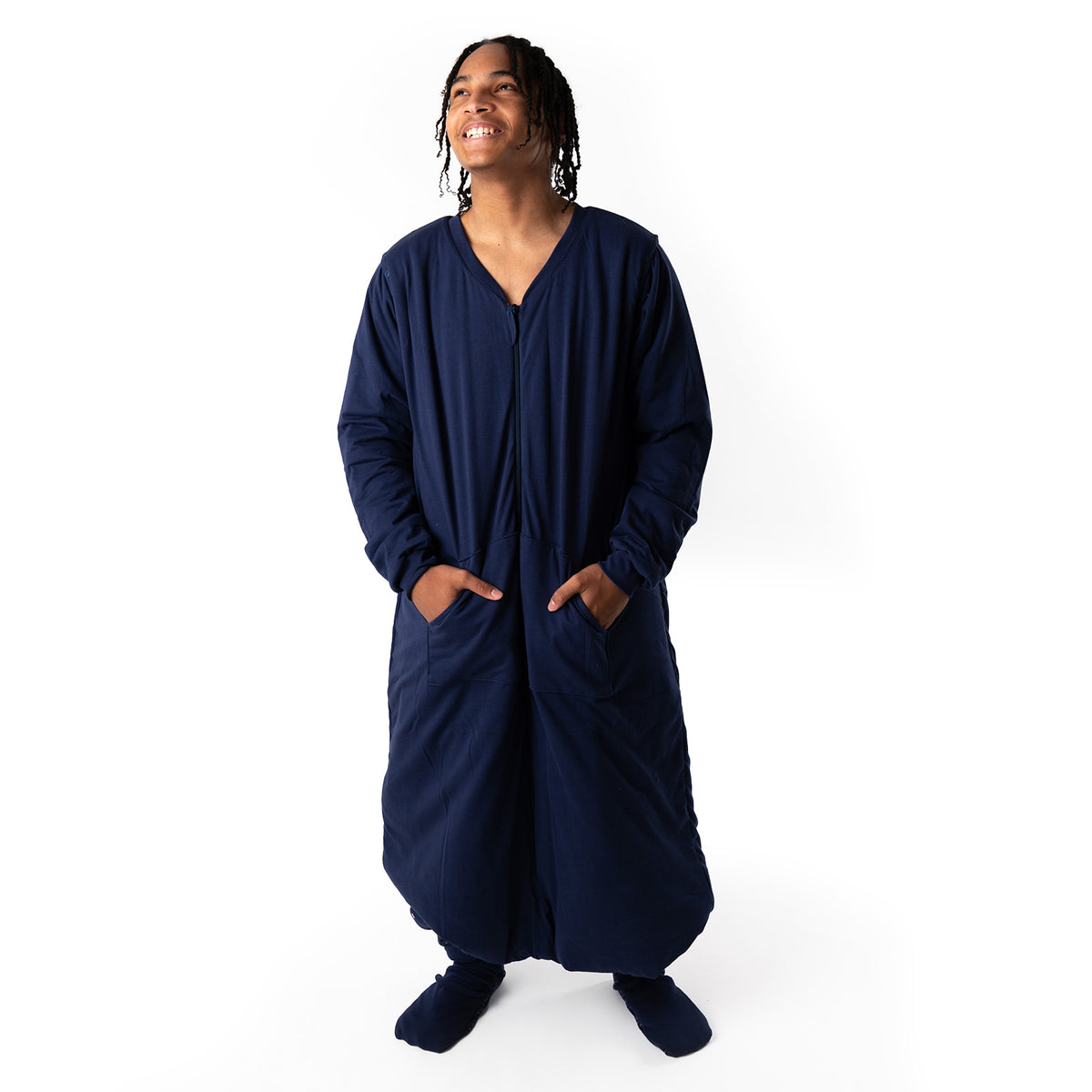 Saco de dormir con pies y suelas antideslizantes para adultos 2.5 TOG_Azul marino_foto de ejemplo_1188