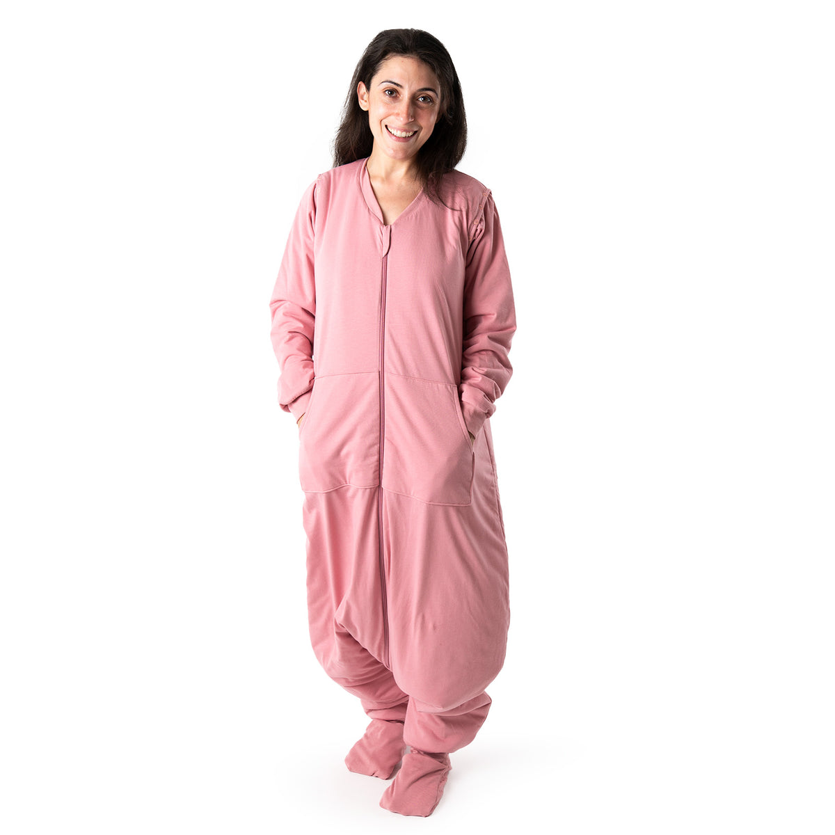 Saco de dormir con pies y suelas antideslizantes y mangas para adultos 1.0 TOG_Rosa pastel_foto de ejemplo_1190