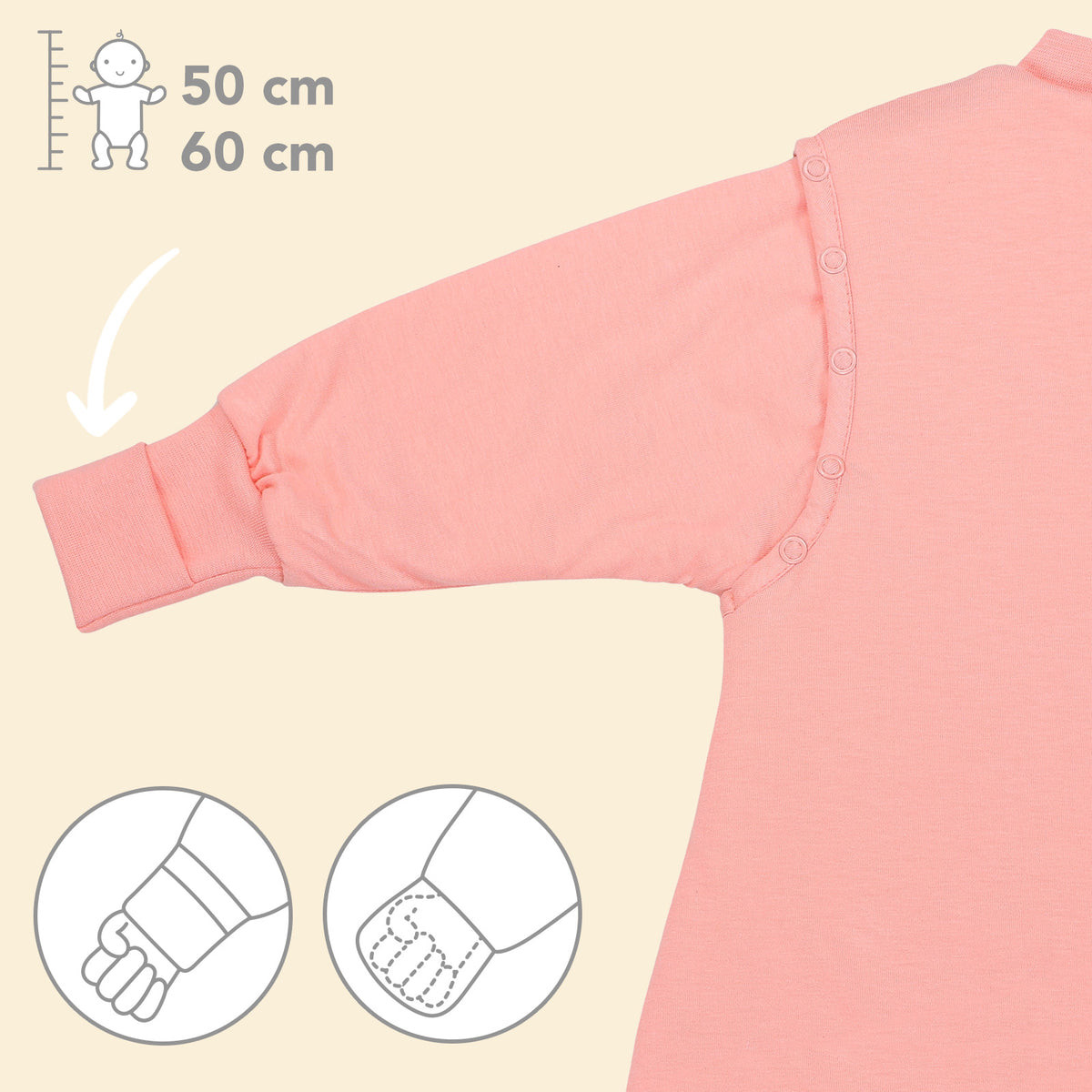 Saco de dormir con pies y suelas antideslizantes y mangas 1.0 TOG_Melocotón_puños_1200