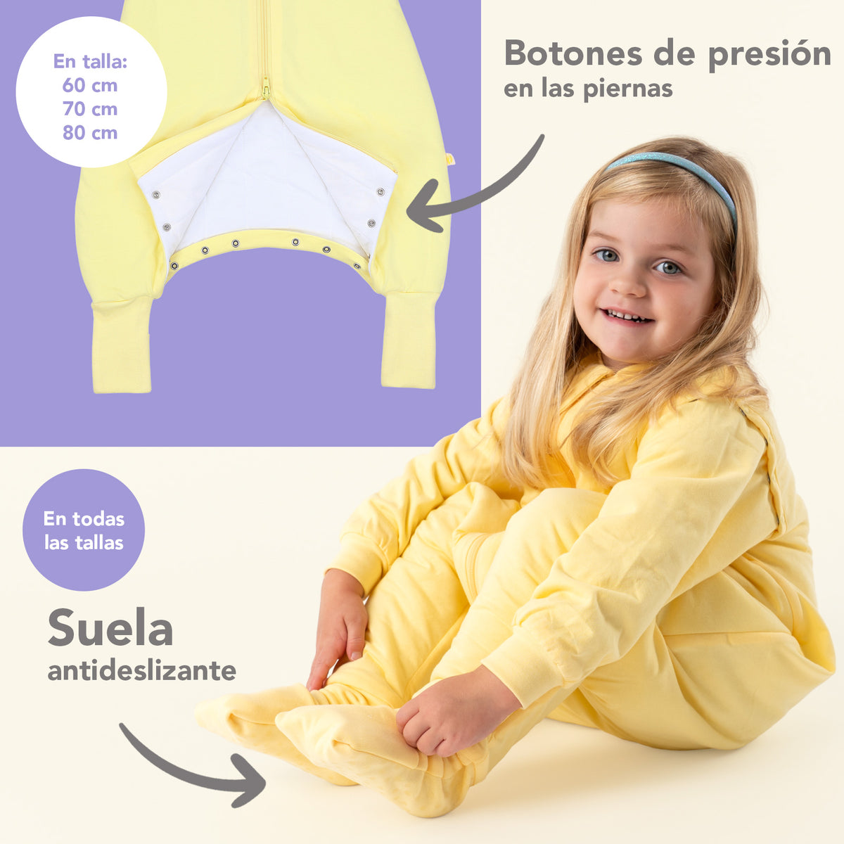 Saco de dormir con pies y suelas antideslizantes y mangas 1.0 TOG_Amarillo Claro_zona del pie_1200