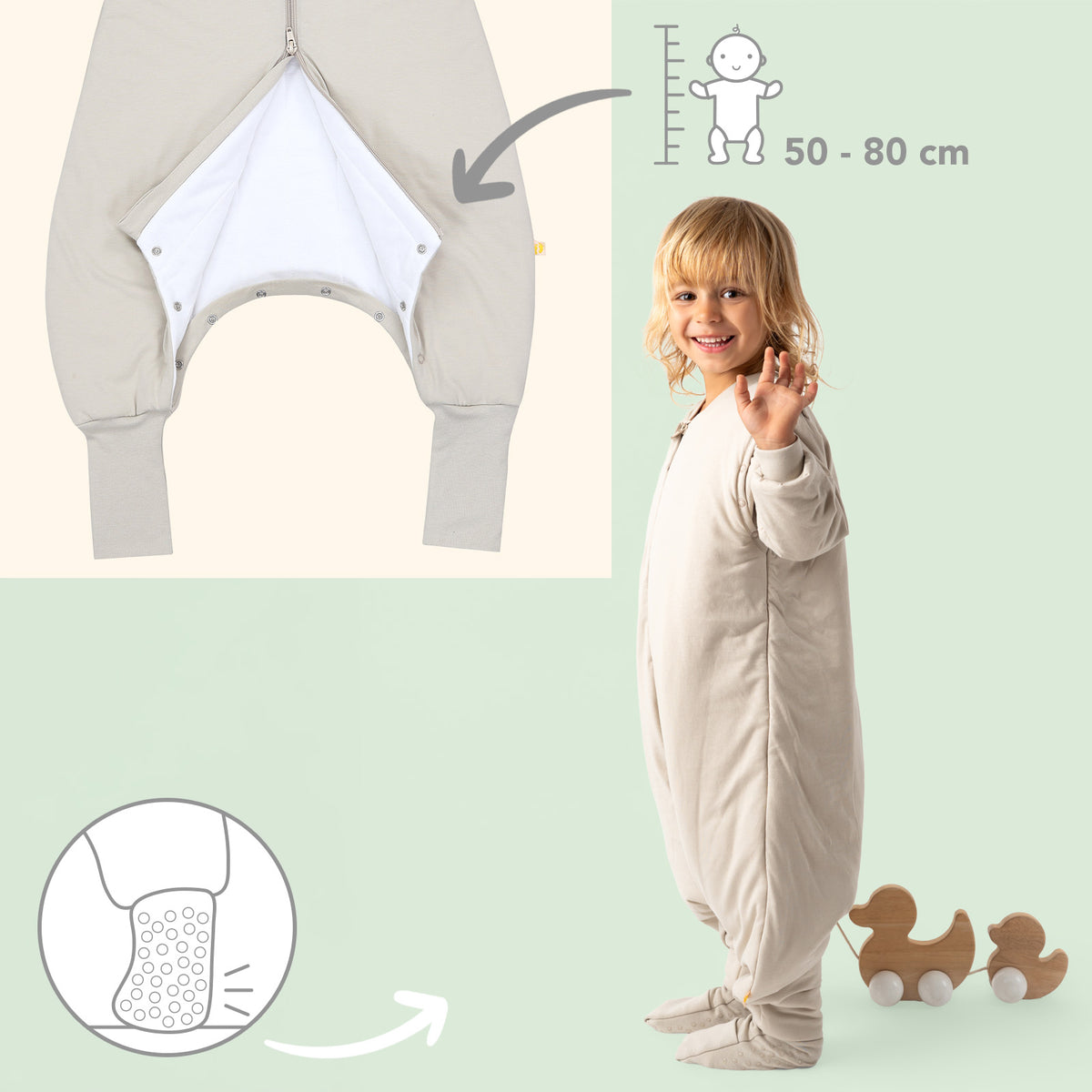 Saco de dormir con pies y suelas antideslizantes y mangas 1.0 TOG_Taupe_zona del pie_1200