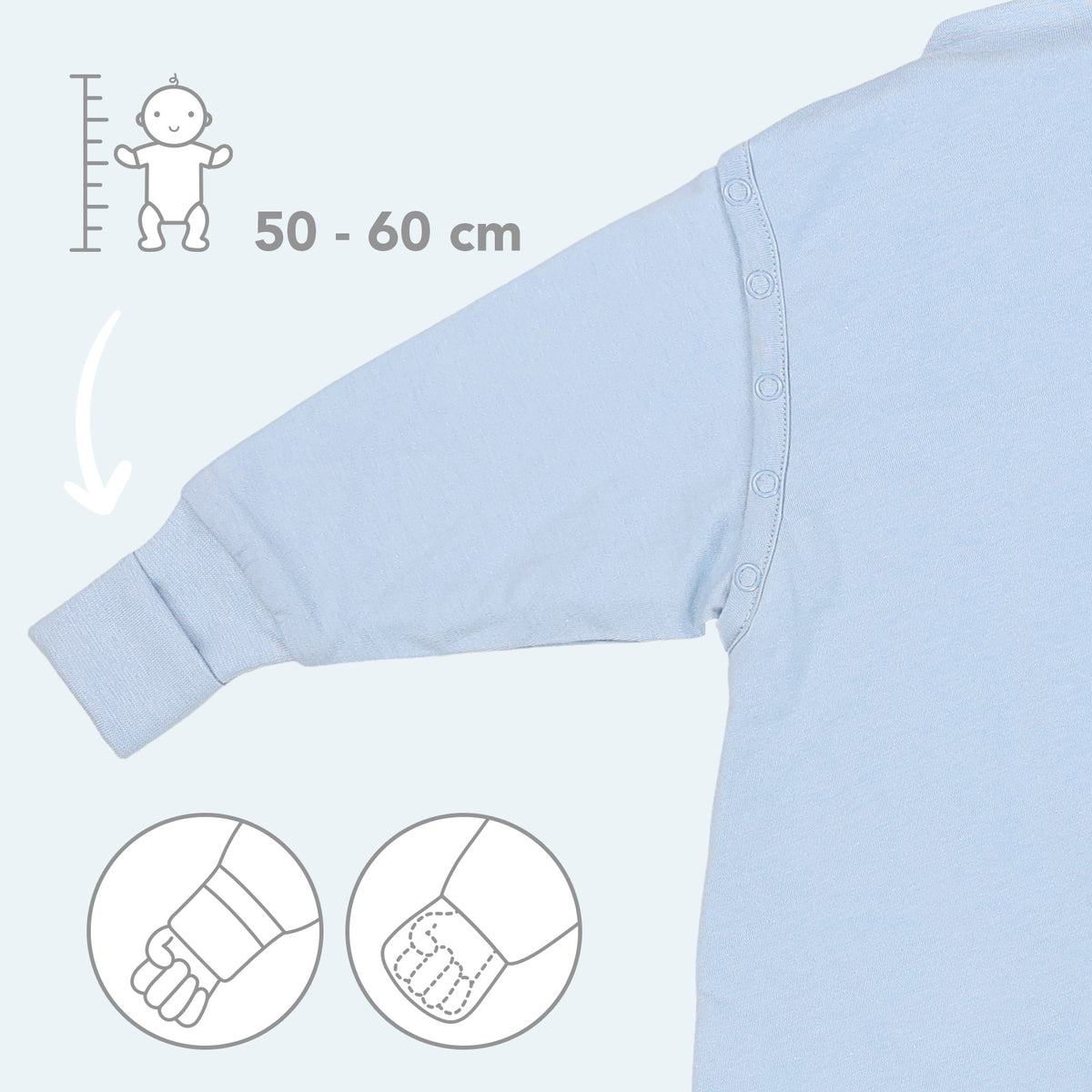 Saco de dormir con pies y suelas antideslizantes 3.5 TOG_Azul Hielo_zona del brazo_1209