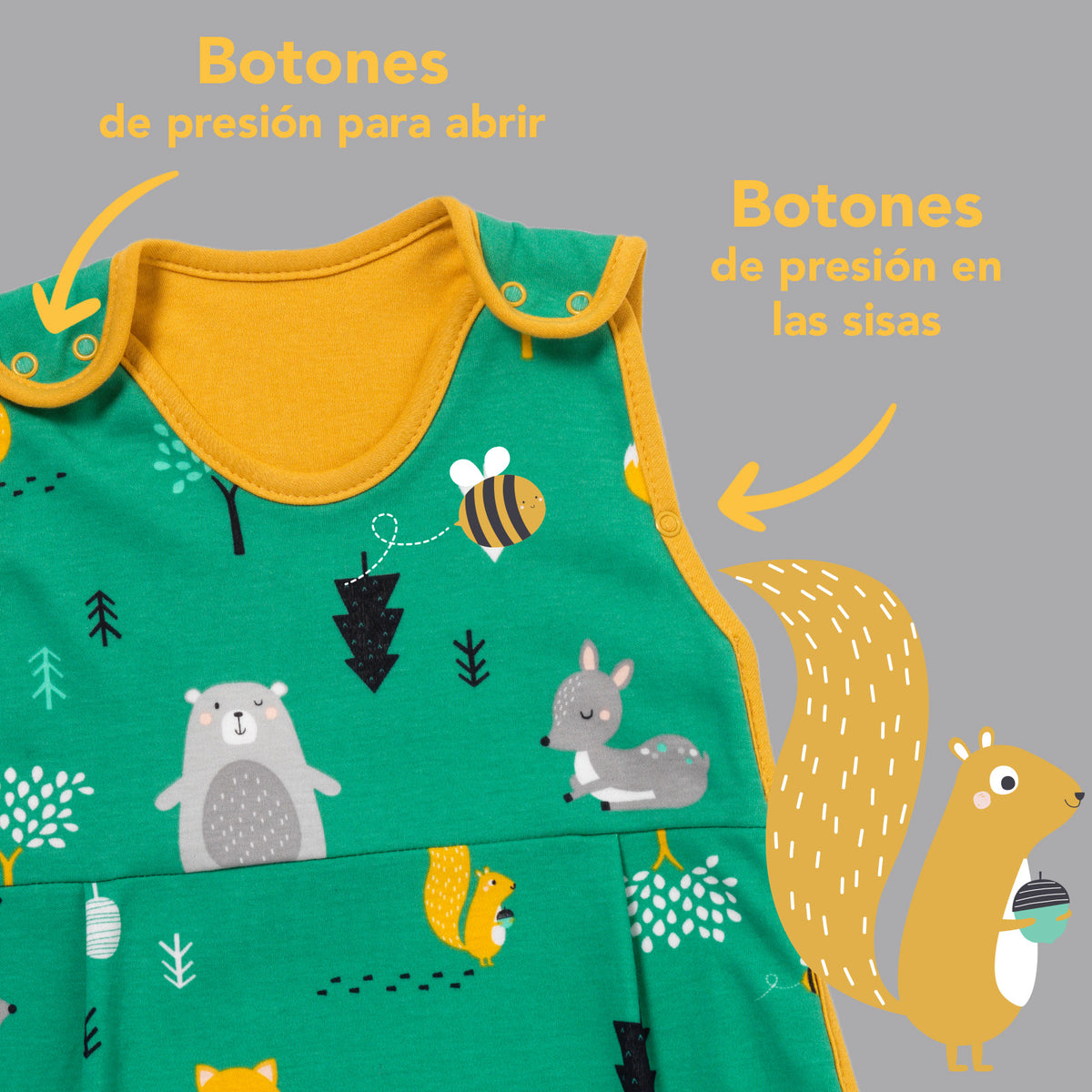 Saco de dormir para bebé de algódon orgánico 1.0 TOG_Animales del bosque_zona del brazo_421