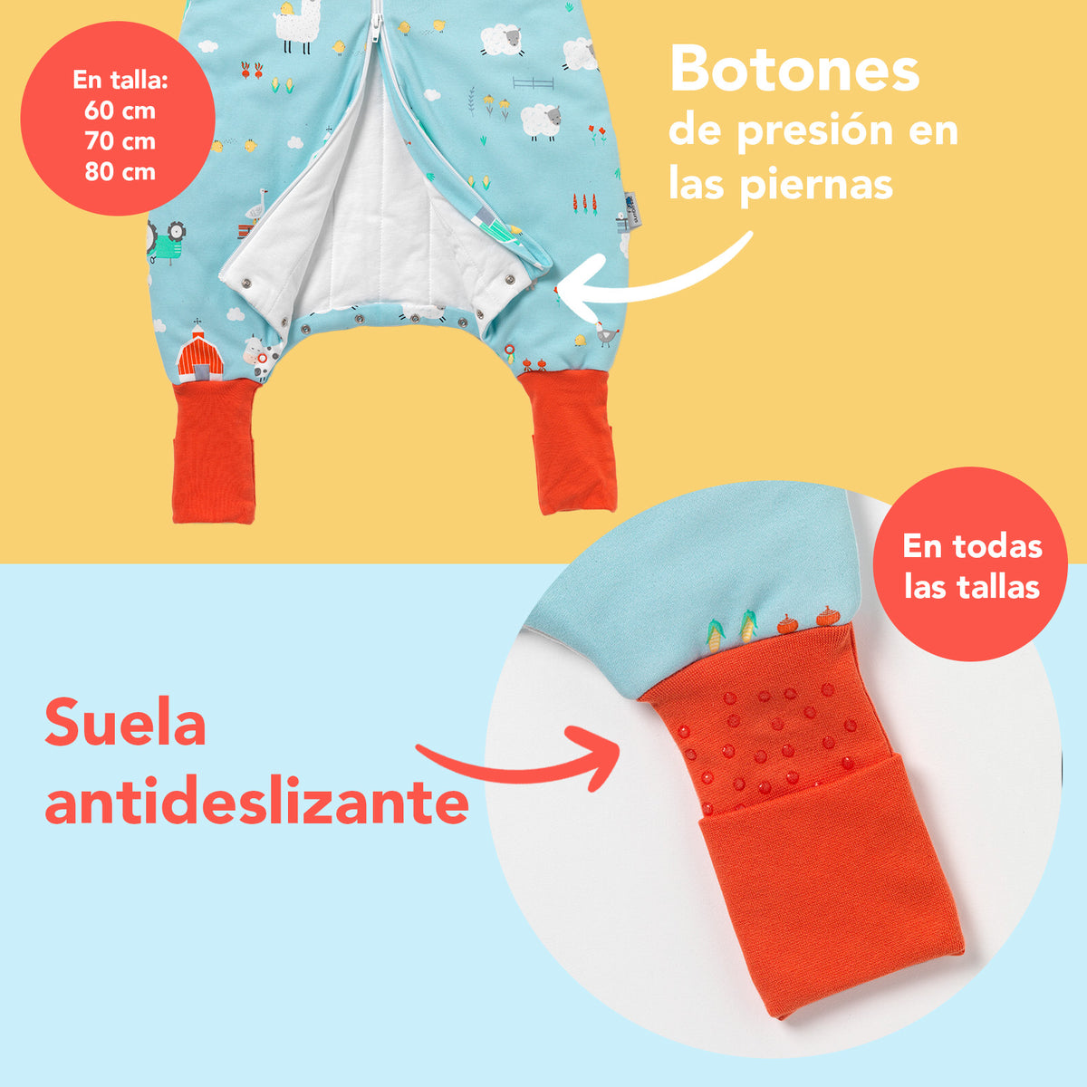 Saco de dormir con pies y suelas antideslizantes de algódon orgánico 1.0 TOG_Granja_zona del pie_419