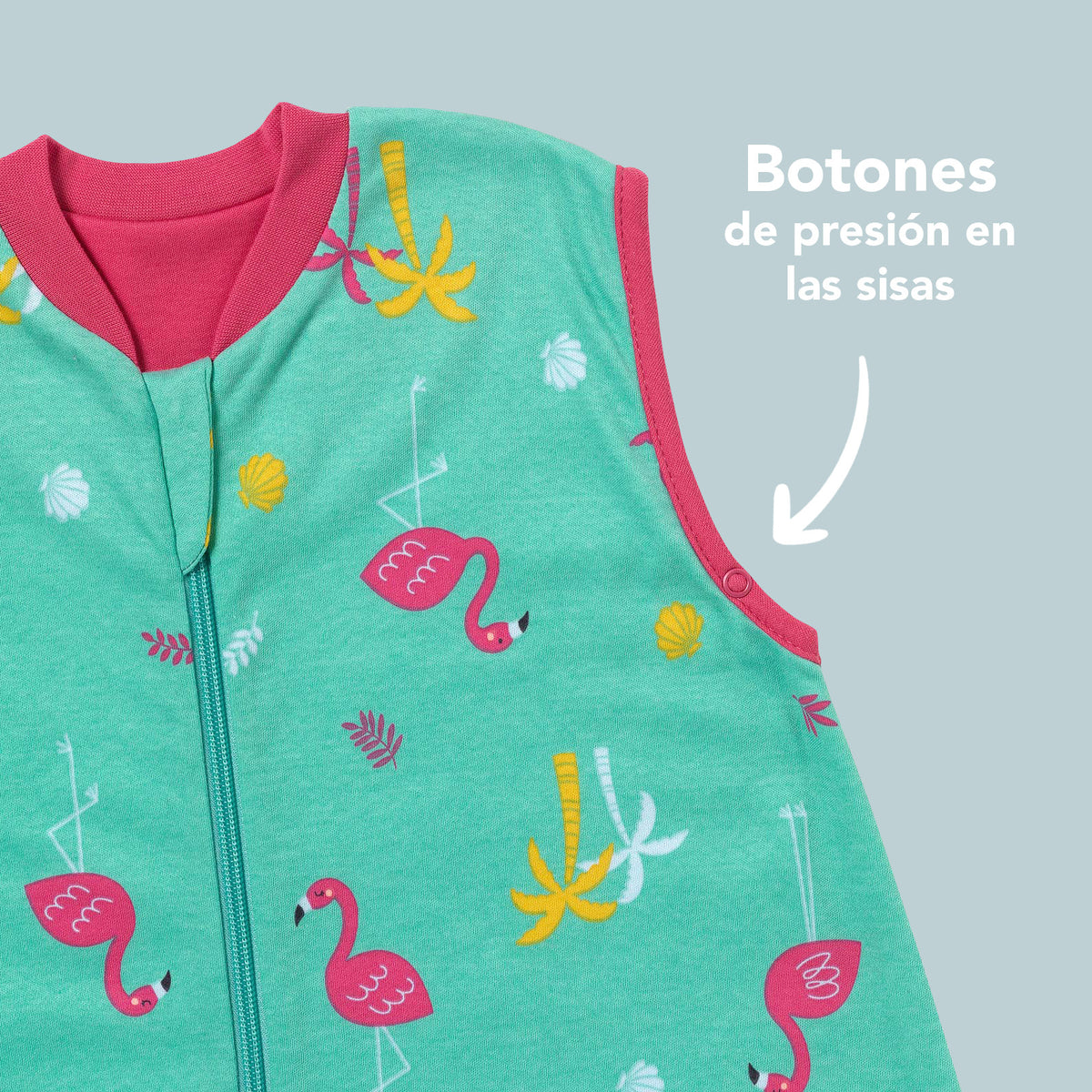Saco de dormir con pies y suelas antideslizantes de algódon orgánico 1.0 TOG_Flamenco_zona del brazo_419