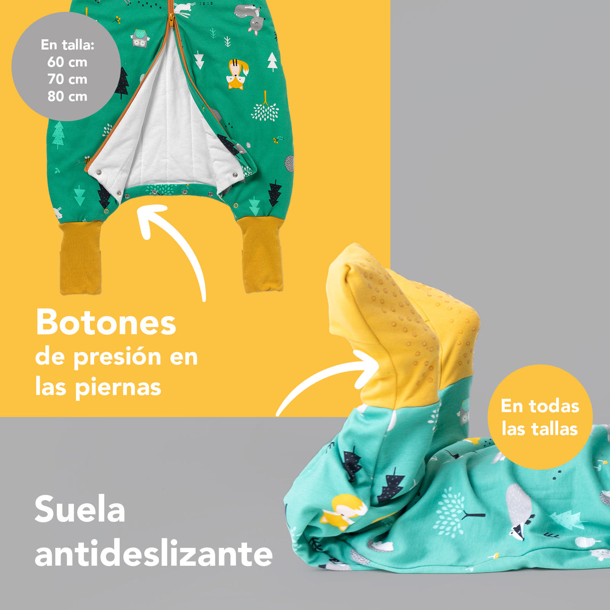 Saco de dormir con pies y suelas antideslizantes de algódon orgánico 1.0 TOG_Animales del bosque_zona del pie_419