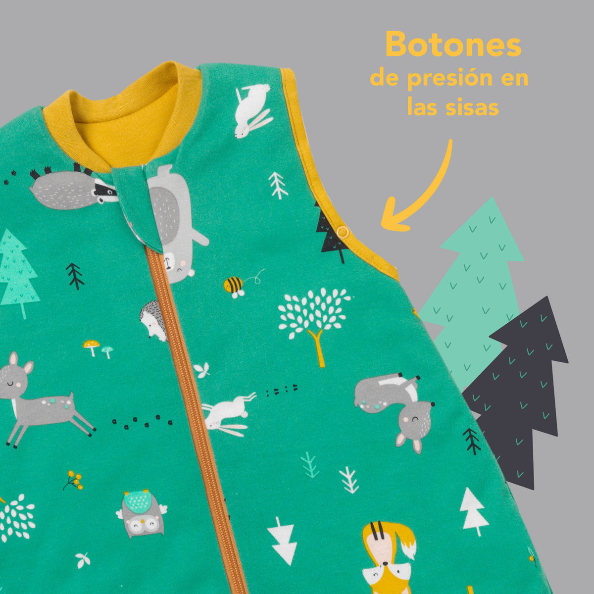 Saco de dormir con pies y suelas antideslizantes de algódon orgánico 1.0 TOG_Animales del bosque_zona del brazo_419