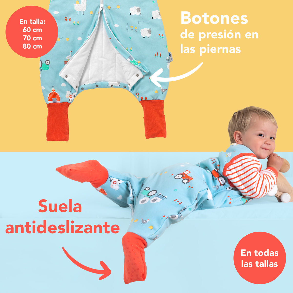Saco de dormir con pies y suelas antideslizantes de algódon orgánico 2.5 TOG_Granja_zona del pie_462