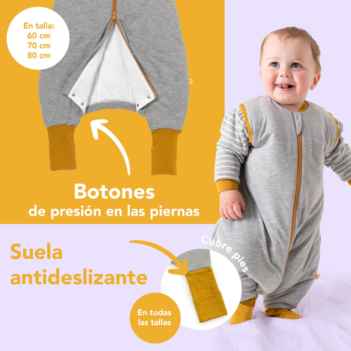 Saco de dormir con pies y suelas antideslizantes 2.5 TOG_Rayas grises_zona del pie_461