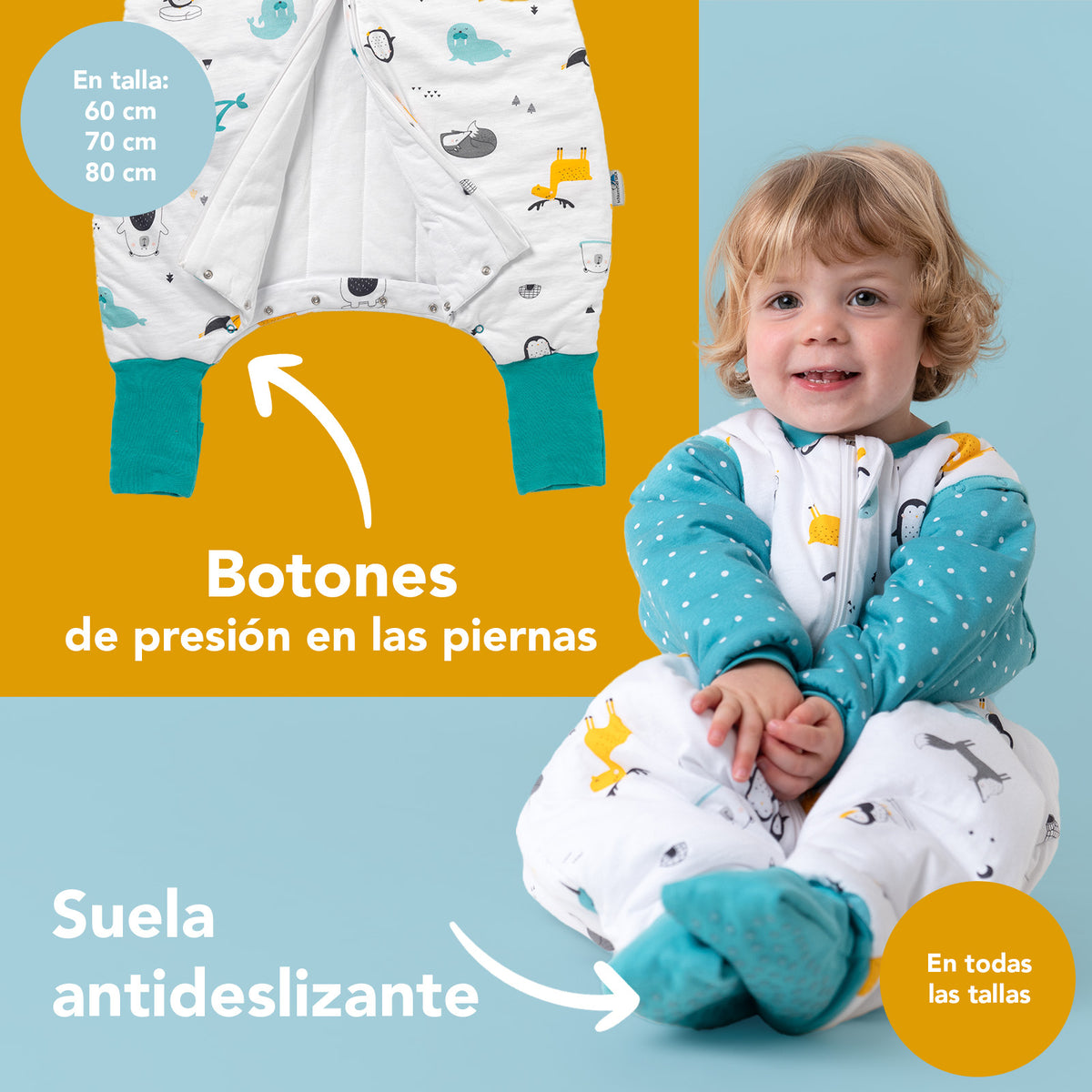 Saco de dormir con pies y suelas antideslizantes de algódon orgánico 2.5 TOG_Amigos Polares_zona del pie_462