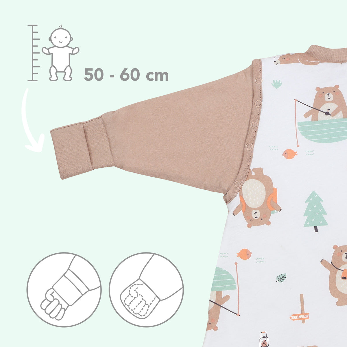 Saco de dormir con pies y suelas antideslizantes 3.5 TOG_Oso Explorador_zona del brazo_468