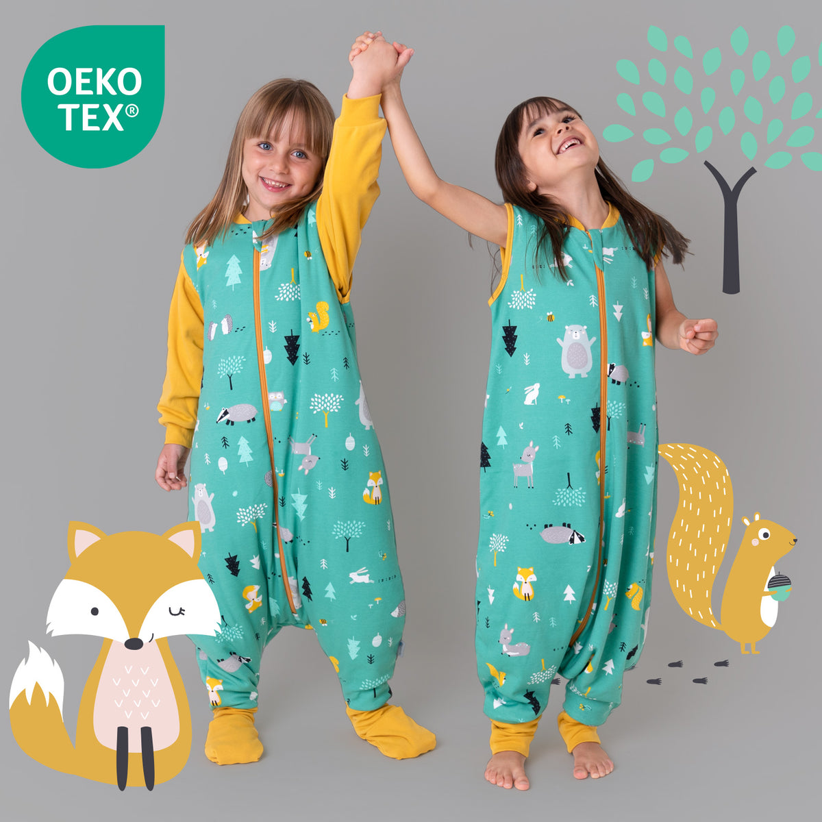 Saco de dormir con pies y suelas antideslizantes de algódon orgánico 3.5 TOG_Animales del bosque_OEKOTEX_469