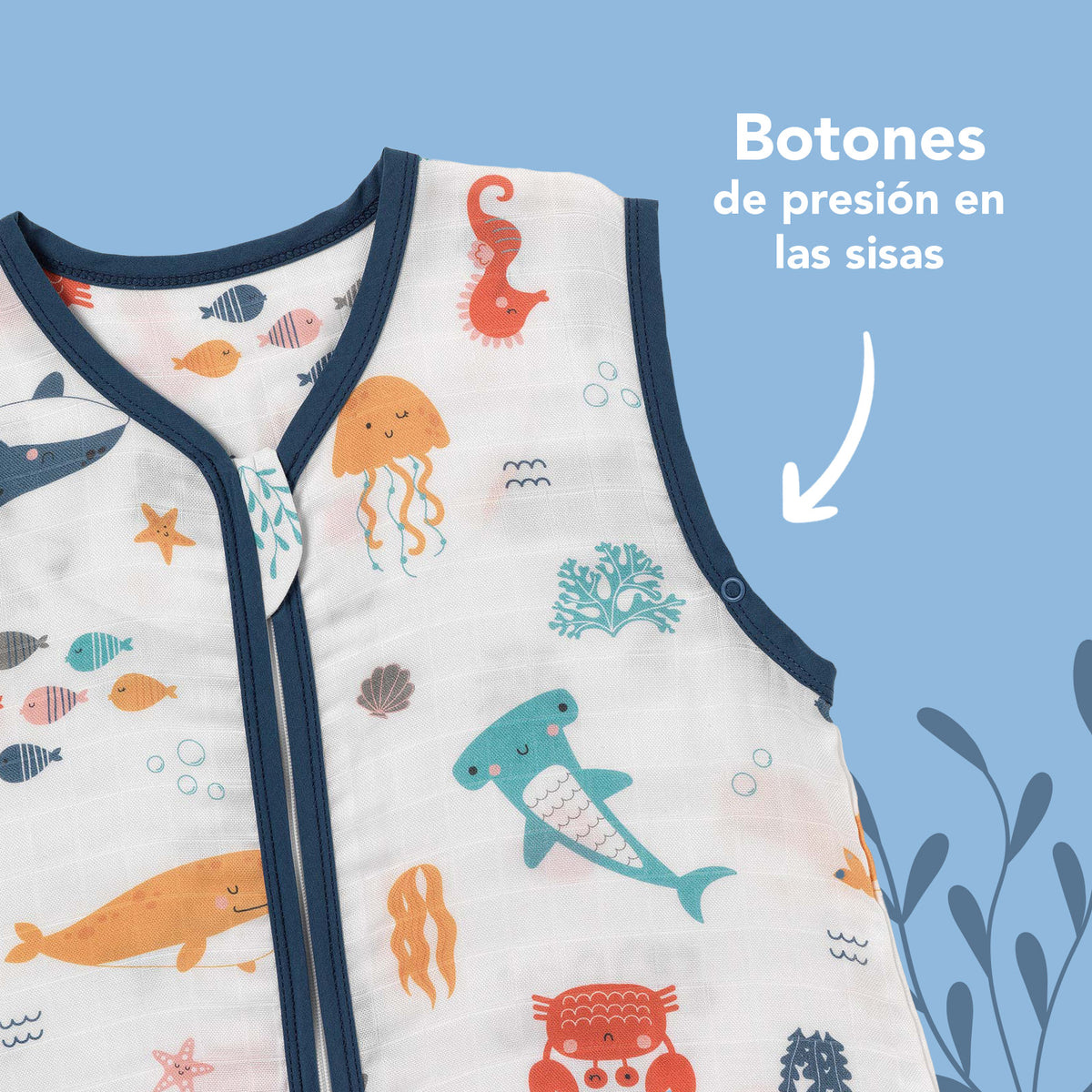 Saco de dormir para bebé de muselina 0.5 TOG_Animales marinos_zona del brazo_415