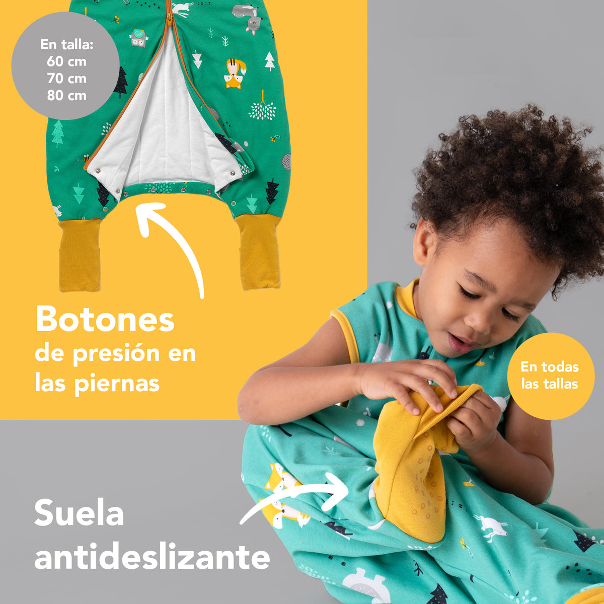 Saco de dormir con pies y suelas antideslizantes de algódon orgánico 3.5 TOG_Animales del bosque_zona del pie_469