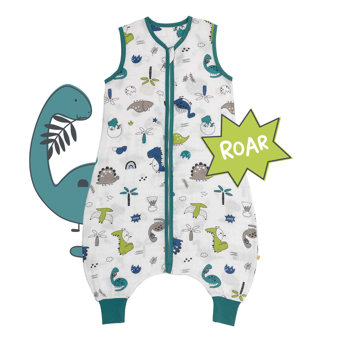 Saco de dormir con pies de muselina 0.5 TOG_Dinosaurio_parte frontal_412
